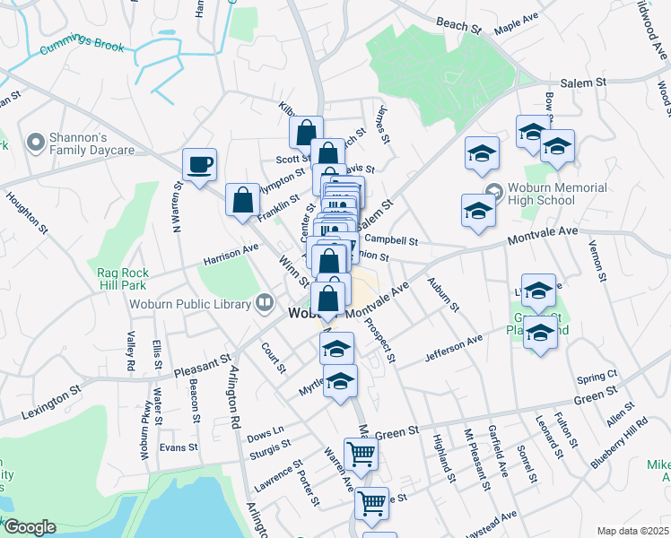 map of restaurants, bars, coffee shops, grocery stores, and more near 460 Main Street in Woburn
