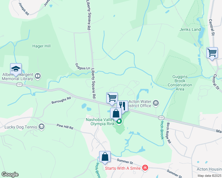 map of restaurants, bars, coffee shops, grocery stores, and more near 140 Russet Lane in Boxborough