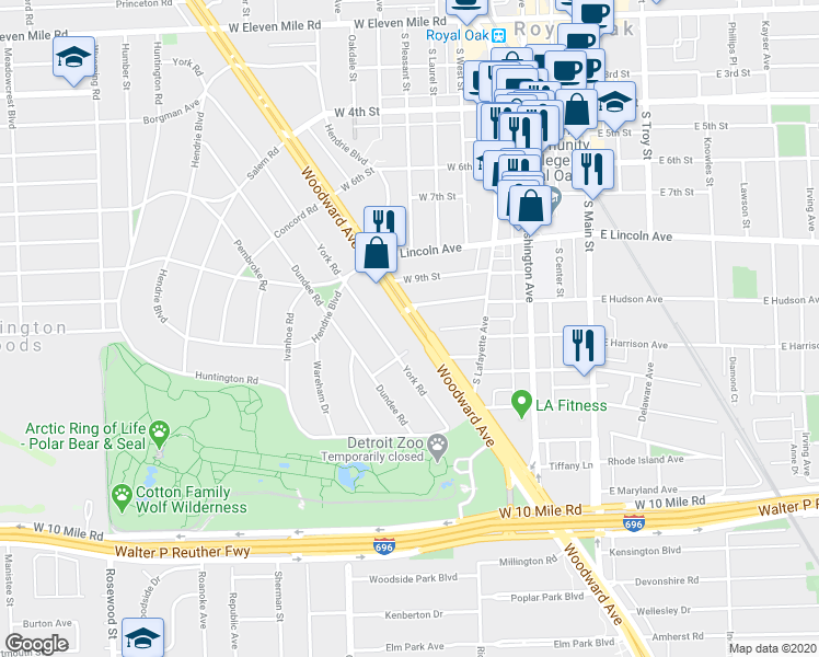 map of restaurants, bars, coffee shops, grocery stores, and more near 25818 Woodward Avenue in Royal Oak
