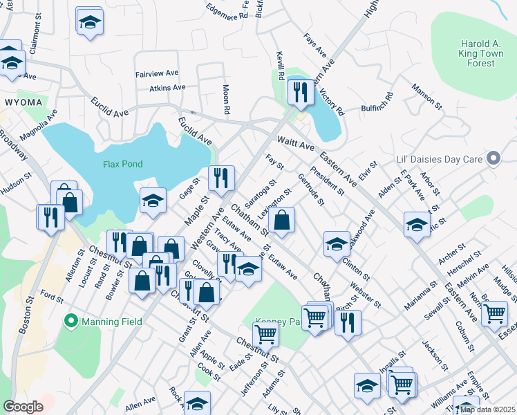 map of restaurants, bars, coffee shops, grocery stores, and more near 45 Saratoga Street in Lynn