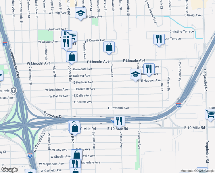 map of restaurants, bars, coffee shops, grocery stores, and more near 593 East Hudson Avenue in Madison Heights