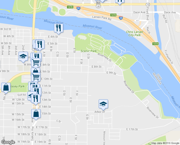 map of restaurants, bars, coffee shops, grocery stores, and more near 824 East 9th Street in South Sioux City