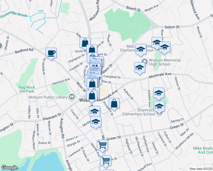 map of restaurants, bars, coffee shops, grocery stores, and more near 20 Union Street in Woburn