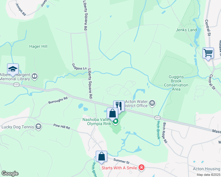 map of restaurants, bars, coffee shops, grocery stores, and more near 140 Russet Lane in Boxborough