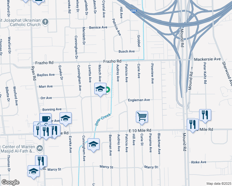 map of restaurants, bars, coffee shops, grocery stores, and more near 25527 Audrey Avenue in Warren