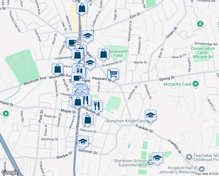 map of restaurants, bars, coffee shops, grocery stores, and more near 35 Pleasant Street in Stoneham