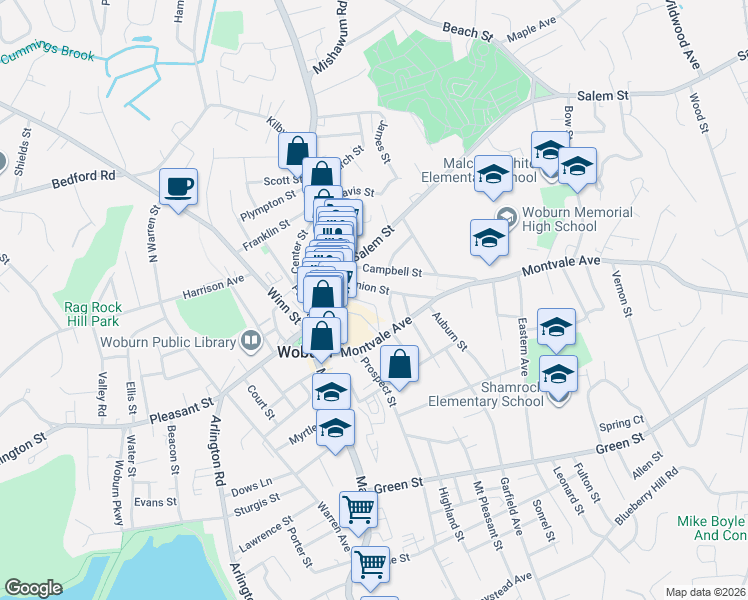 map of restaurants, bars, coffee shops, grocery stores, and more near 20 Union Street in Woburn