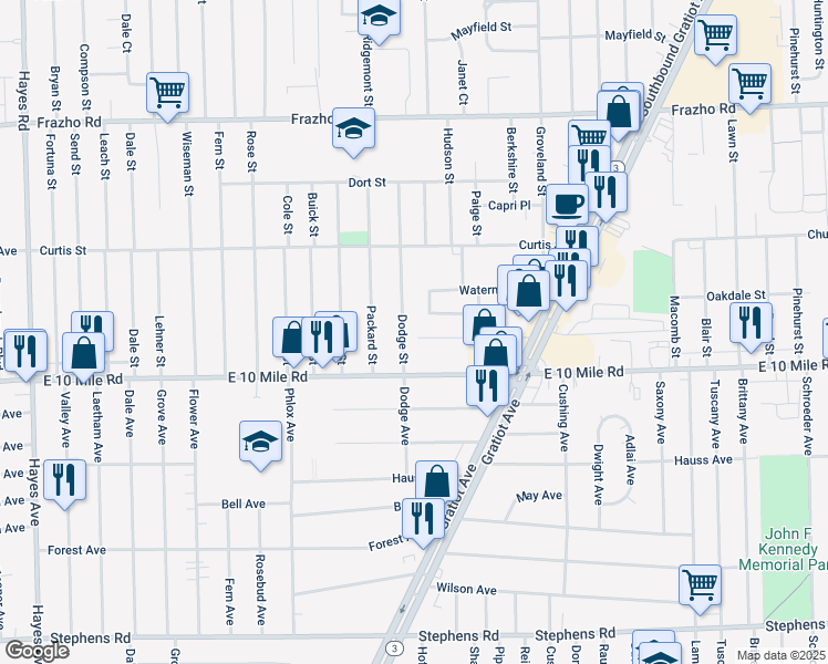 map of restaurants, bars, coffee shops, grocery stores, and more near 25191 Dodge Street in Roseville