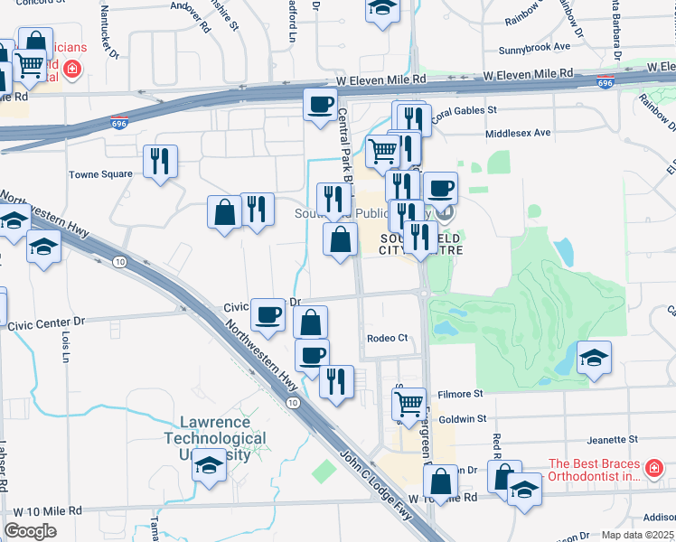 map of restaurants, bars, coffee shops, grocery stores, and more near 20450 Civic Center Drive in Southfield