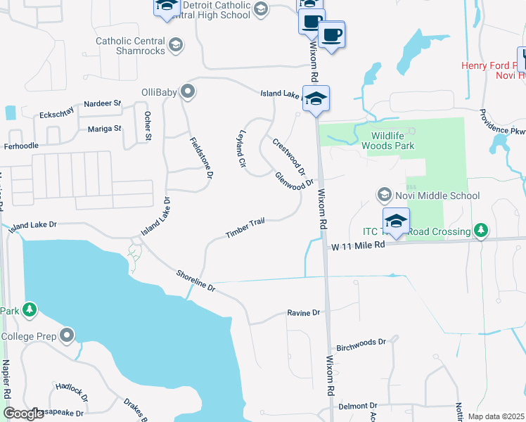 map of restaurants, bars, coffee shops, grocery stores, and more near 26375 Glenwood Drive in Novi