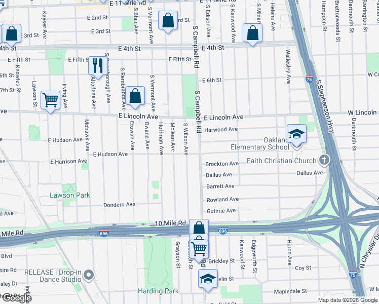 map of restaurants, bars, coffee shops, grocery stores, and more near 1006 South Wilson Avenue in Royal Oak