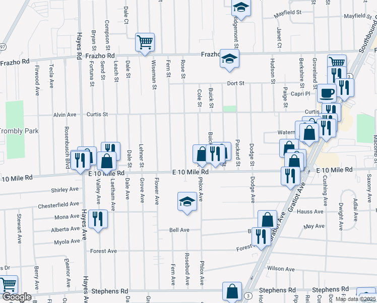 map of restaurants, bars, coffee shops, grocery stores, and more near 25150 Rose Street in Roseville