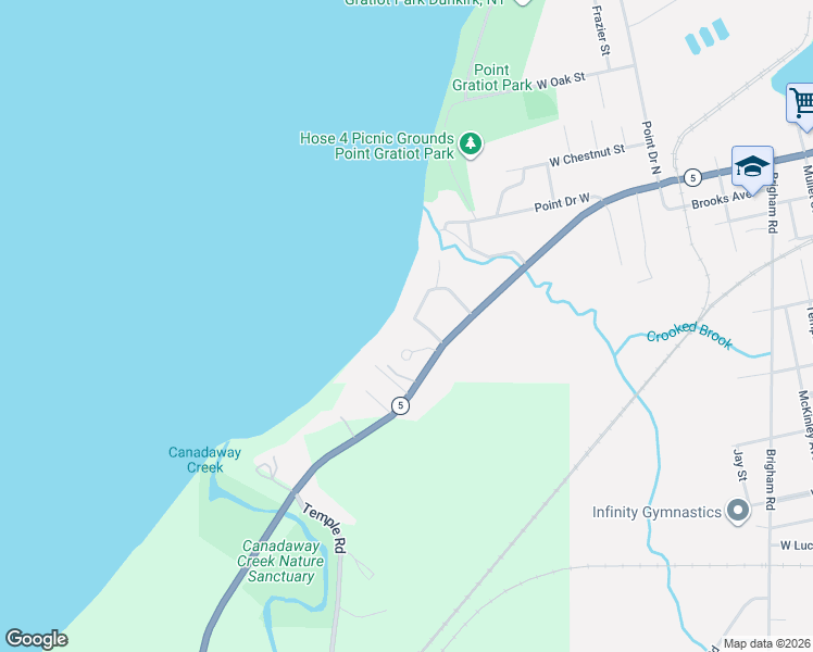 map of restaurants, bars, coffee shops, grocery stores, and more near 16 Beach Road in Dunkirk
