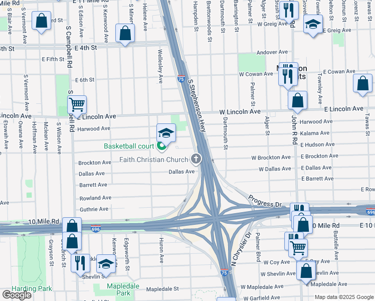 map of restaurants, bars, coffee shops, grocery stores, and more near 1112 South Stephenson Highway in Royal Oak