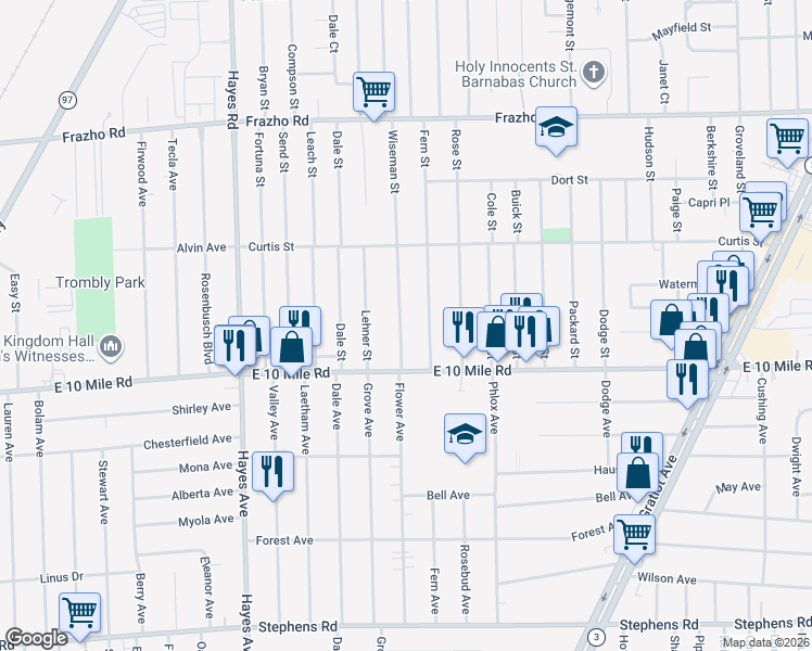 map of restaurants, bars, coffee shops, grocery stores, and more near 25284 Wiseman Street in Roseville