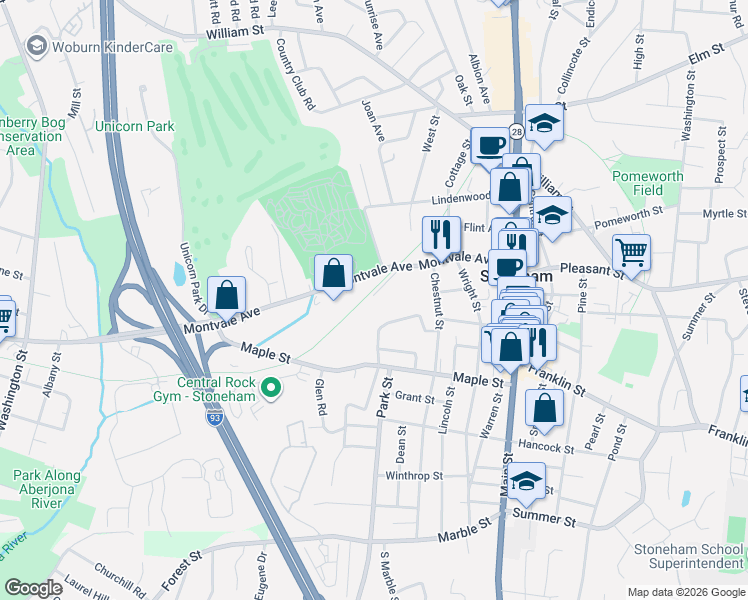 map of restaurants, bars, coffee shops, grocery stores, and more near 52 Montvale Avenue in Stoneham