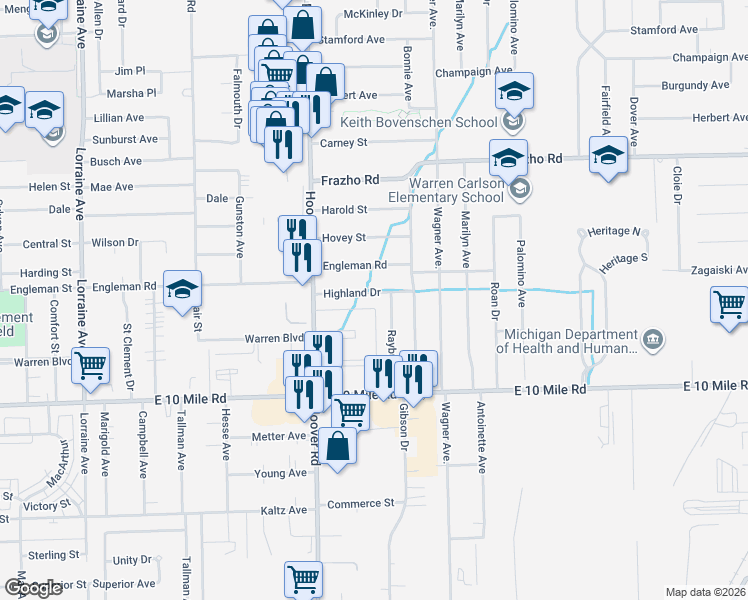 map of restaurants, bars, coffee shops, grocery stores, and more near 11741 Highland Drive in Warren