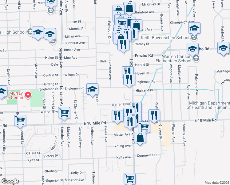 map of restaurants, bars, coffee shops, grocery stores, and more near 11436 Engleman Road in Warren