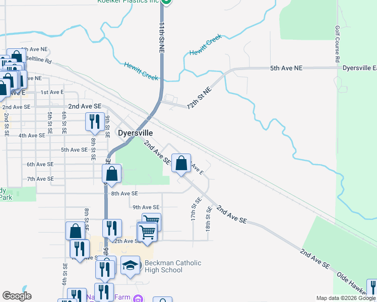 map of restaurants, bars, coffee shops, grocery stores, and more near Heritage Trail in Dyersville