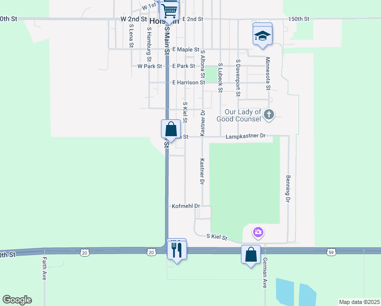 map of restaurants, bars, coffee shops, grocery stores, and more near 201-209 Elm St in Holstein