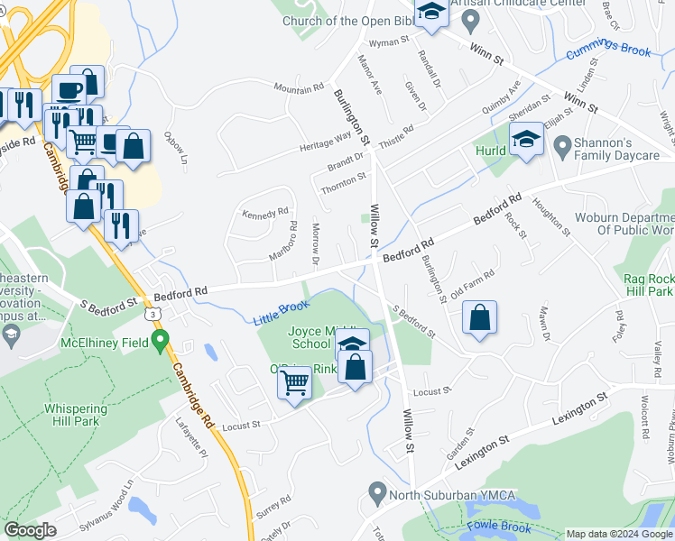 map of restaurants, bars, coffee shops, grocery stores, and more near 115 South Bedford Street in Woburn