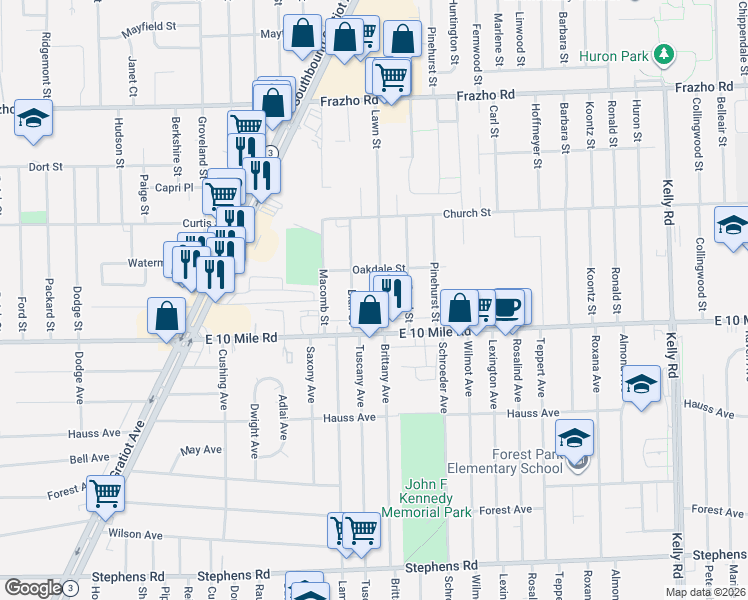 map of restaurants, bars, coffee shops, grocery stores, and more near 25186 Lawn Street in Roseville