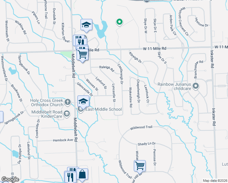 map of restaurants, bars, coffee shops, grocery stores, and more near Lyncastle Street in Farmington Hills
