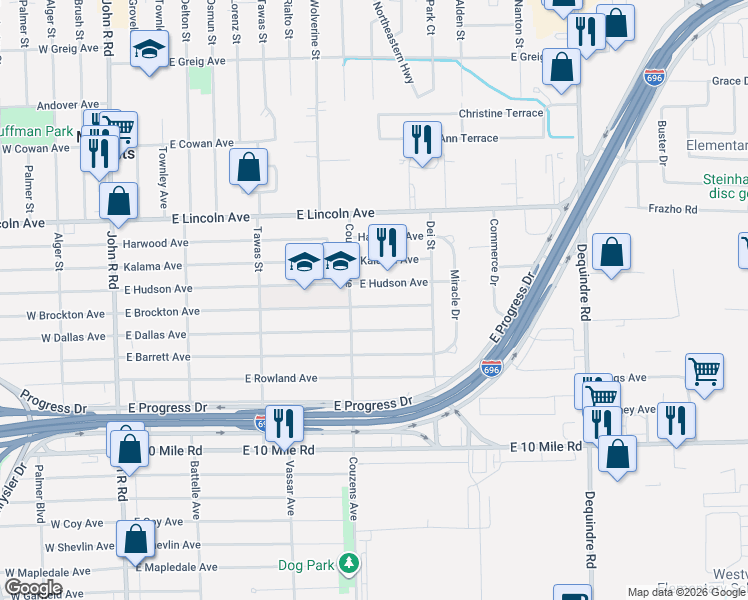 map of restaurants, bars, coffee shops, grocery stores, and more near 1126 East Hudson Avenue in Madison Heights