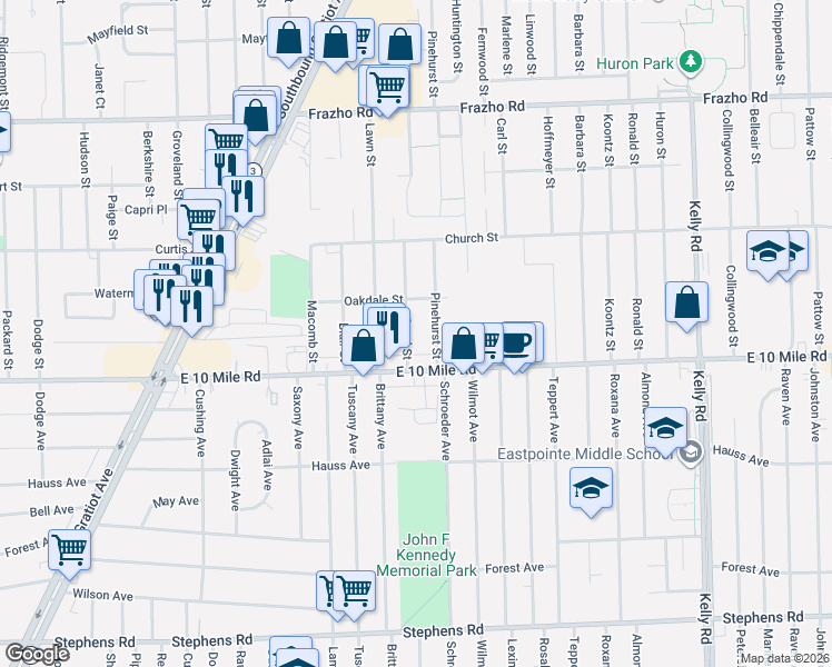 map of restaurants, bars, coffee shops, grocery stores, and more near 25165 Pinehurst Street in Roseville