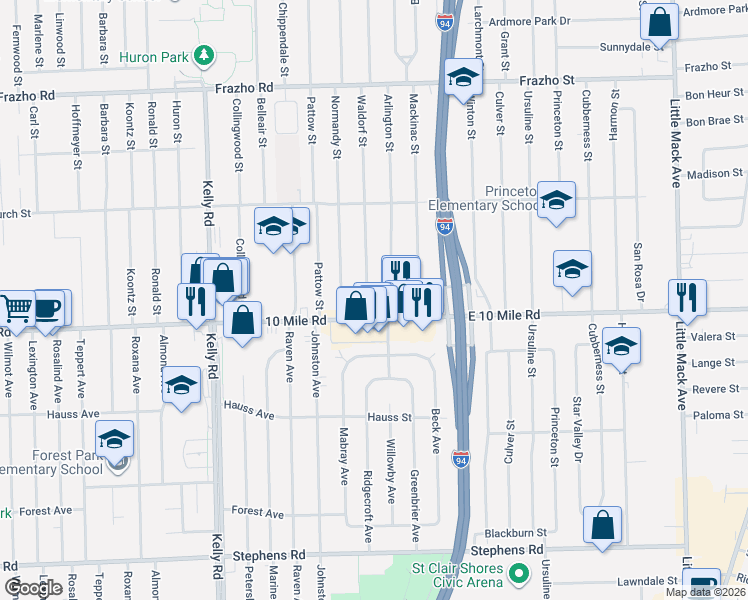 map of restaurants, bars, coffee shops, grocery stores, and more near 25111 Arlington Street in Roseville