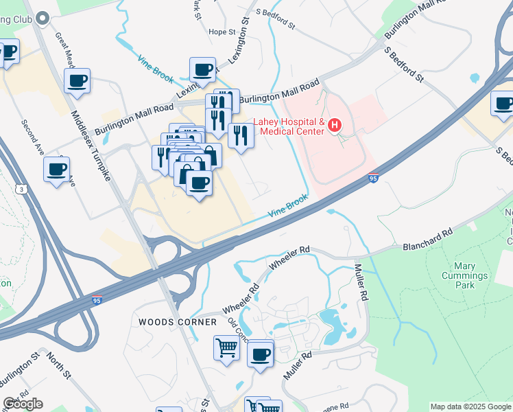 map of restaurants, bars, coffee shops, grocery stores, and more near 700 District Avenue in Burlington