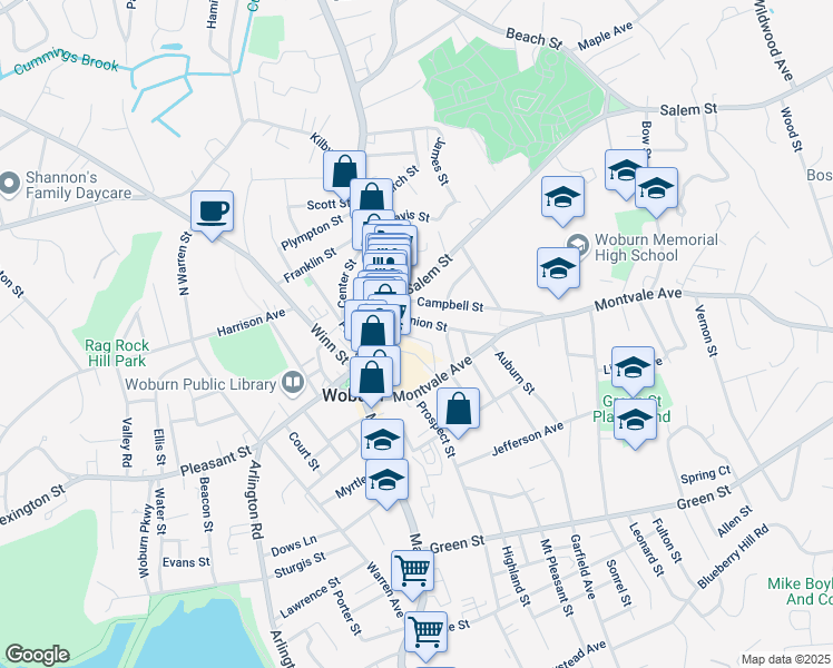 map of restaurants, bars, coffee shops, grocery stores, and more near 20 Union Street in Woburn