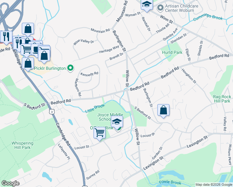 map of restaurants, bars, coffee shops, grocery stores, and more near 6 Doherty Place in Woburn