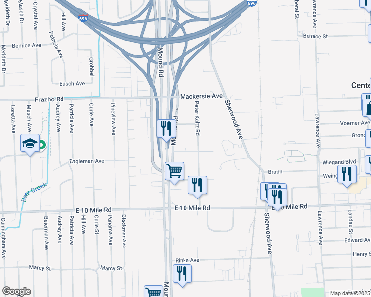 map of restaurants, bars, coffee shops, grocery stores, and more near 25560 Mound Road in Warren