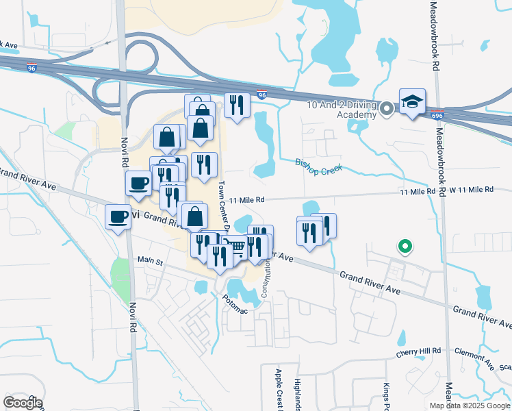 map of restaurants, bars, coffee shops, grocery stores, and more near 42956-43304 W 11 Mile Rd in Novi