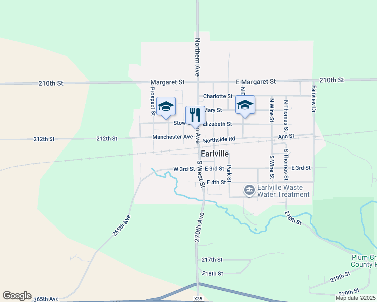 map of restaurants, bars, coffee shops, grocery stores, and more near 19 Northern Avenue in Earlville