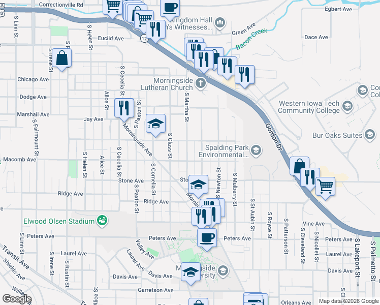 map of restaurants, bars, coffee shops, grocery stores, and more near 1001-1007 South Martha Street in Sioux City