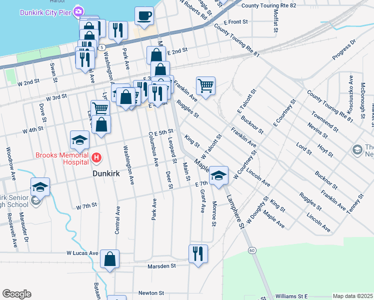 map of restaurants, bars, coffee shops, grocery stores, and more near 516 Main Street in Dunkirk