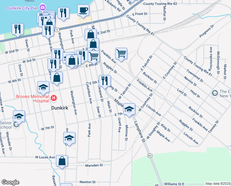 map of restaurants, bars, coffee shops, grocery stores, and more near 104 Maple Avenue in Dunkirk