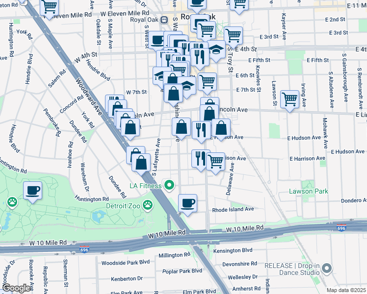 map of restaurants, bars, coffee shops, grocery stores, and more near 1021 South Washington Avenue in Royal Oak