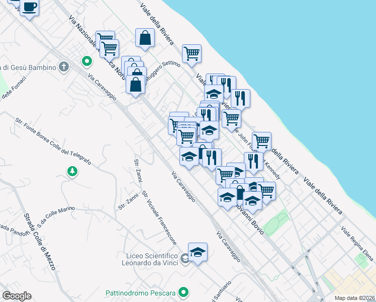 map of restaurants, bars, coffee shops, grocery stores, and more near 483 Viale Giovanni Bovio in Pescara