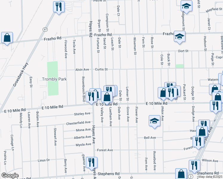 map of restaurants, bars, coffee shops, grocery stores, and more near 25159 Leach Street in Roseville
