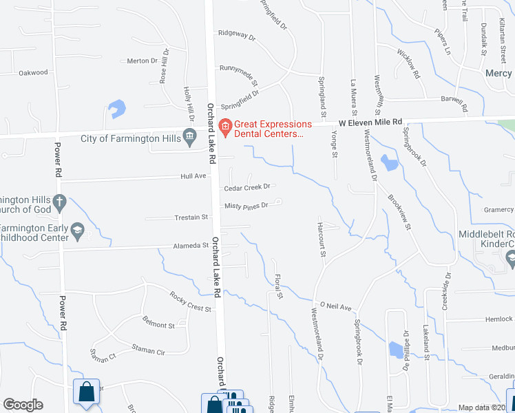 map of restaurants, bars, coffee shops, grocery stores, and more near 31111 Misty Pines Drive in Farmington Hills
