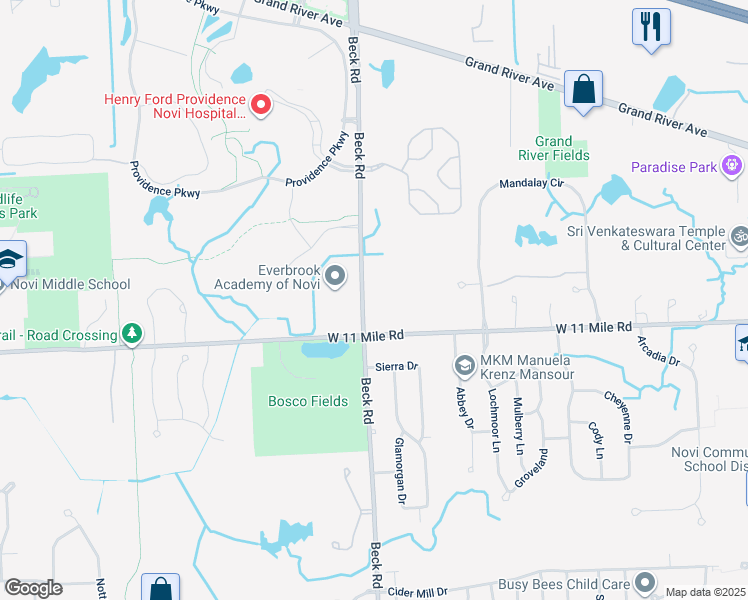 map of restaurants, bars, coffee shops, grocery stores, and more near 26140 Beck Road in Novi