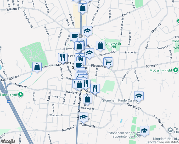 map of restaurants, bars, coffee shops, grocery stores, and more near Central Street & Common Street in Stoneham