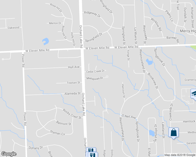 map of restaurants, bars, coffee shops, grocery stores, and more near 31111 Misty Pines Drive in Farmington Hills