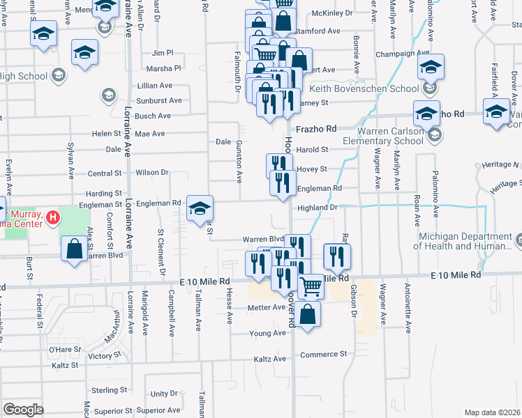 map of restaurants, bars, coffee shops, grocery stores, and more near 11436 Engleman Road in Warren