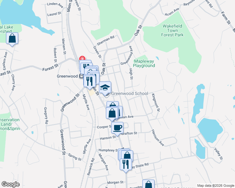 map of restaurants, bars, coffee shops, grocery stores, and more near in Wakefield