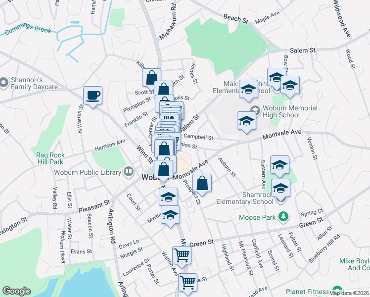 map of restaurants, bars, coffee shops, grocery stores, and more near 20 Union Street in Woburn