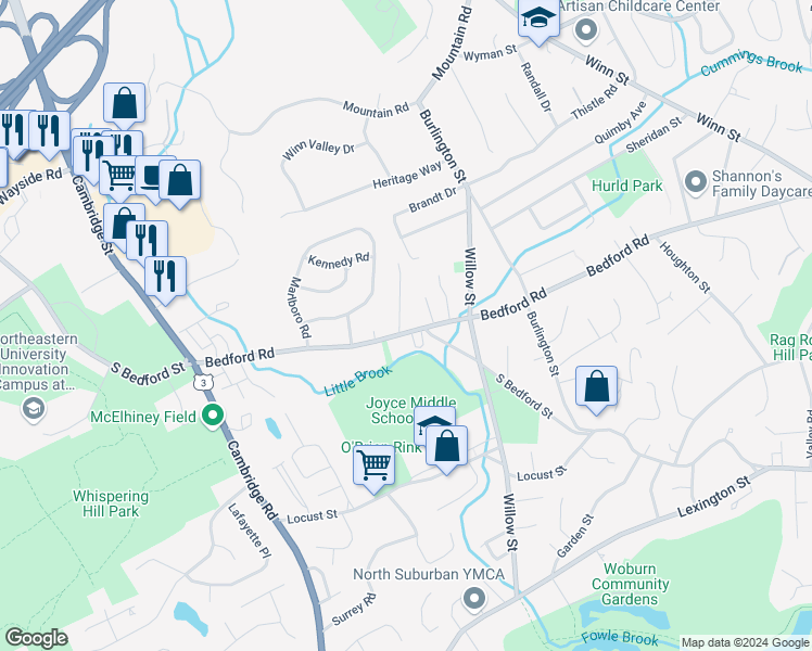 map of restaurants, bars, coffee shops, grocery stores, and more near 6 Doherty Place in Woburn